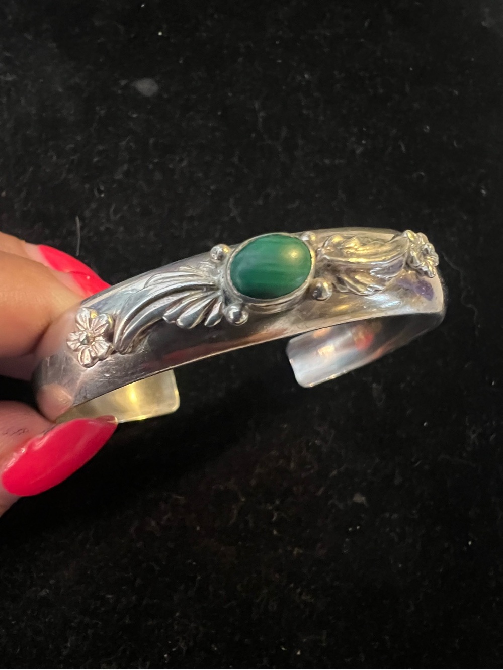 CAROL FELLEY VINTAGE 925 STERLING SILVER MALACHITE CUFF BRACELET
